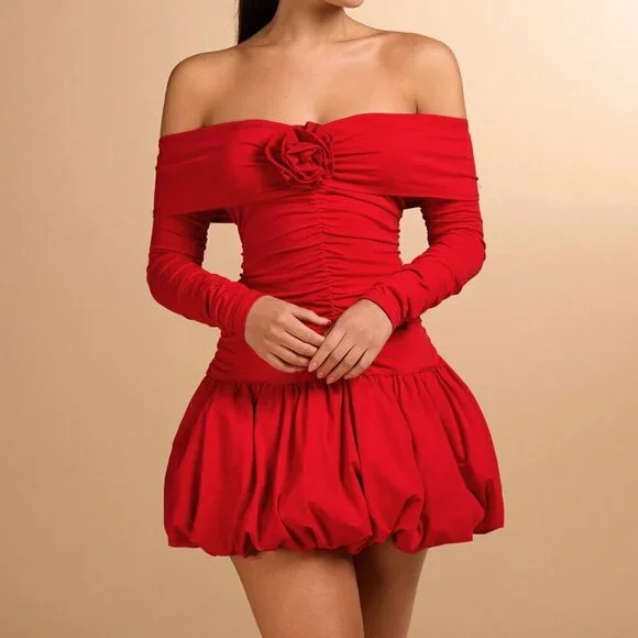 Red Casual Women's Flower Bud Bubble Off-Shoulder Long-Sleeved Dress - Picture 6 of 7